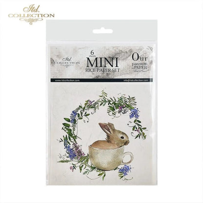 ITD Collection Rice Paper Mini Set for Decoupage RSM039, 6 sheets of rice paper 14,8x14,8 cm, bunny, chic, Easter Rounds, Wreaths ITD Collection