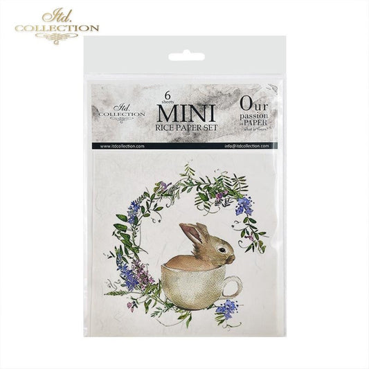 ITD Collection Rice Paper Mini Set for Decoupage RSM039, 6 sheets of rice paper 14,8x14,8 cm, bunny, chic, Easter Rounds, Wreaths