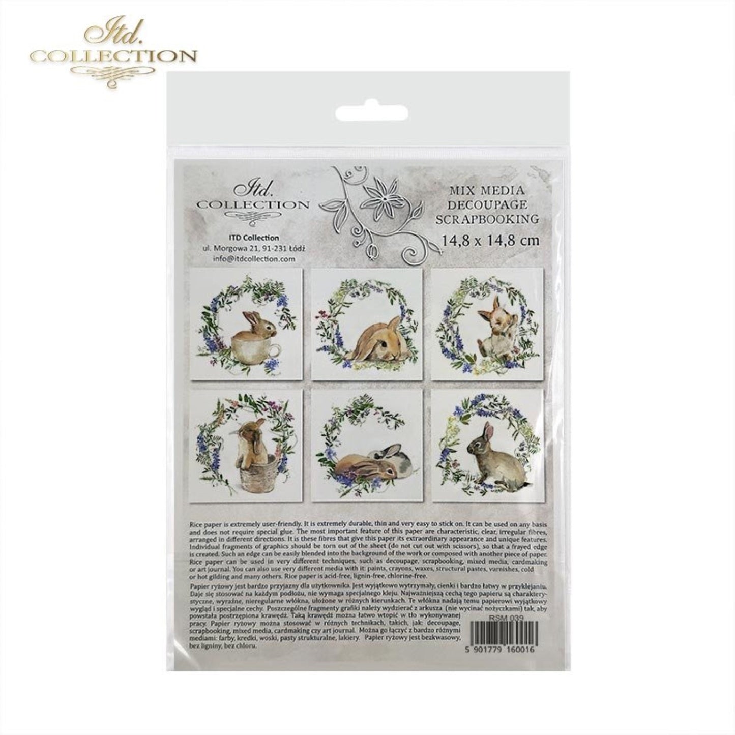 ITD Collection Rice Paper Mini Set for Decoupage RSM039, 6 sheets of rice paper 14,8x14,8 cm, bunny, chic, Easter Rounds, Wreaths