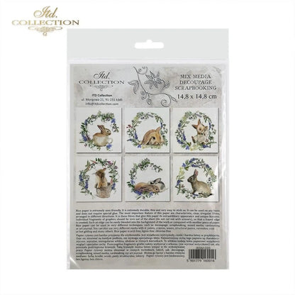 ITD Collection Rice Paper Mini Set for Decoupage RSM039, 6 sheets of rice paper 14,8x14,8 cm, bunny, chic, Easter Rounds, Wreaths ITD Collection