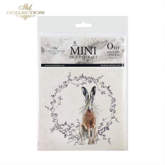 ITD Collection Rice Paper Mini Set for Decoupage RSM051, 6 sheets of rice paper 14,8x14,8 cm, bunny, chic, Easter Rounds, Wreaths