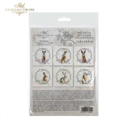 ITD Collection Rice Paper Mini Set for Decoupage RSM051, 6 sheets of rice paper 14,8x14,8 cm, bunny, chic, Easter Rounds, Wreaths ITD Collection