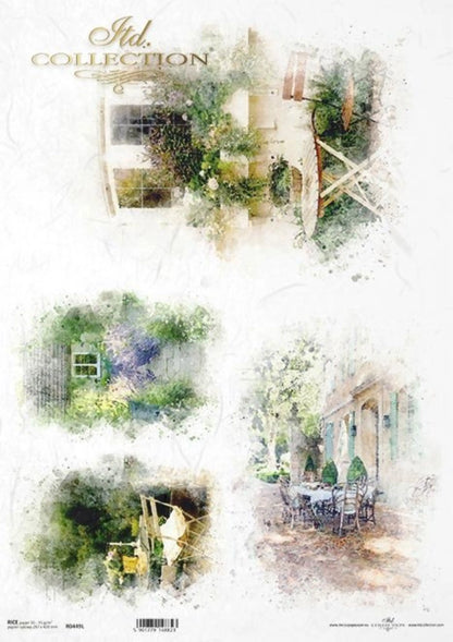 ITD Collection Rice Paper for Decoupage R0449L, Size A3 - 31.75 x 44.5 cm, 12 x 16.5 inch, Cafes, houses, romantic floral decorations ITD Collection