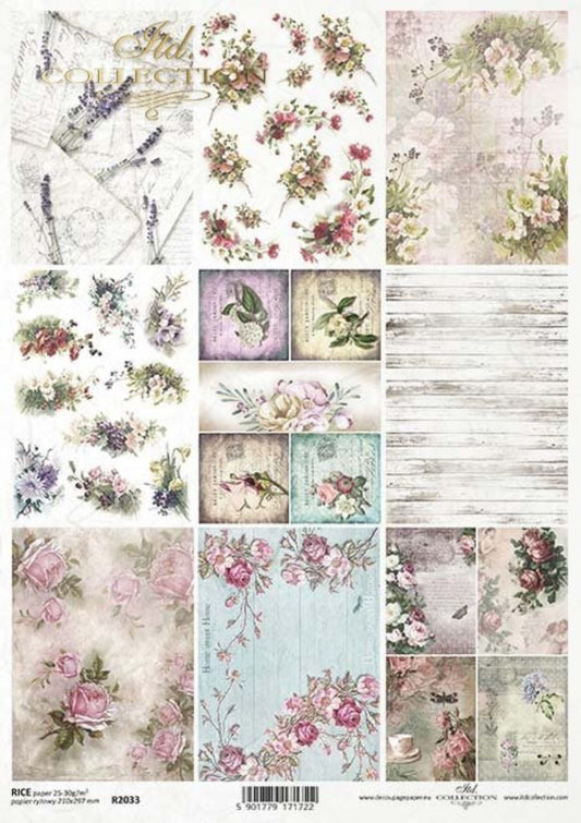 ITD Collection Rice Paper for Decoupage R2033 Size A4 - 210x297 mm, 8.27x11.7 inch, backgrounds, wallpapers, Roses, Flowers, Minies