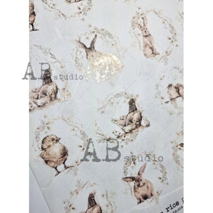 AB Studio Color Gilded Rice Paper, Easter Bunnies, Chics, Rounds, A4 1581, 8.27 X 11.69 inches Rice Paper for Decoupage Imported Poland AB Studio