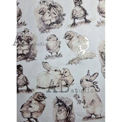 AB Studio Gold Color Gilded Rice Paper for Decoupage, Easter Bunnies, Chics, Ducks, Rounds, A4 1581, 8.27 X 11.69" Imported Poland AB Studio