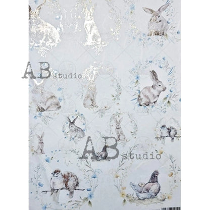 AB Studio Gold Color Gilded Rice Paper for Decoupage, Easter Bunnies, Birds, Wreaths, Rounds, A4 1577, 8.27 X 11.69" Imported Poland AB Studio