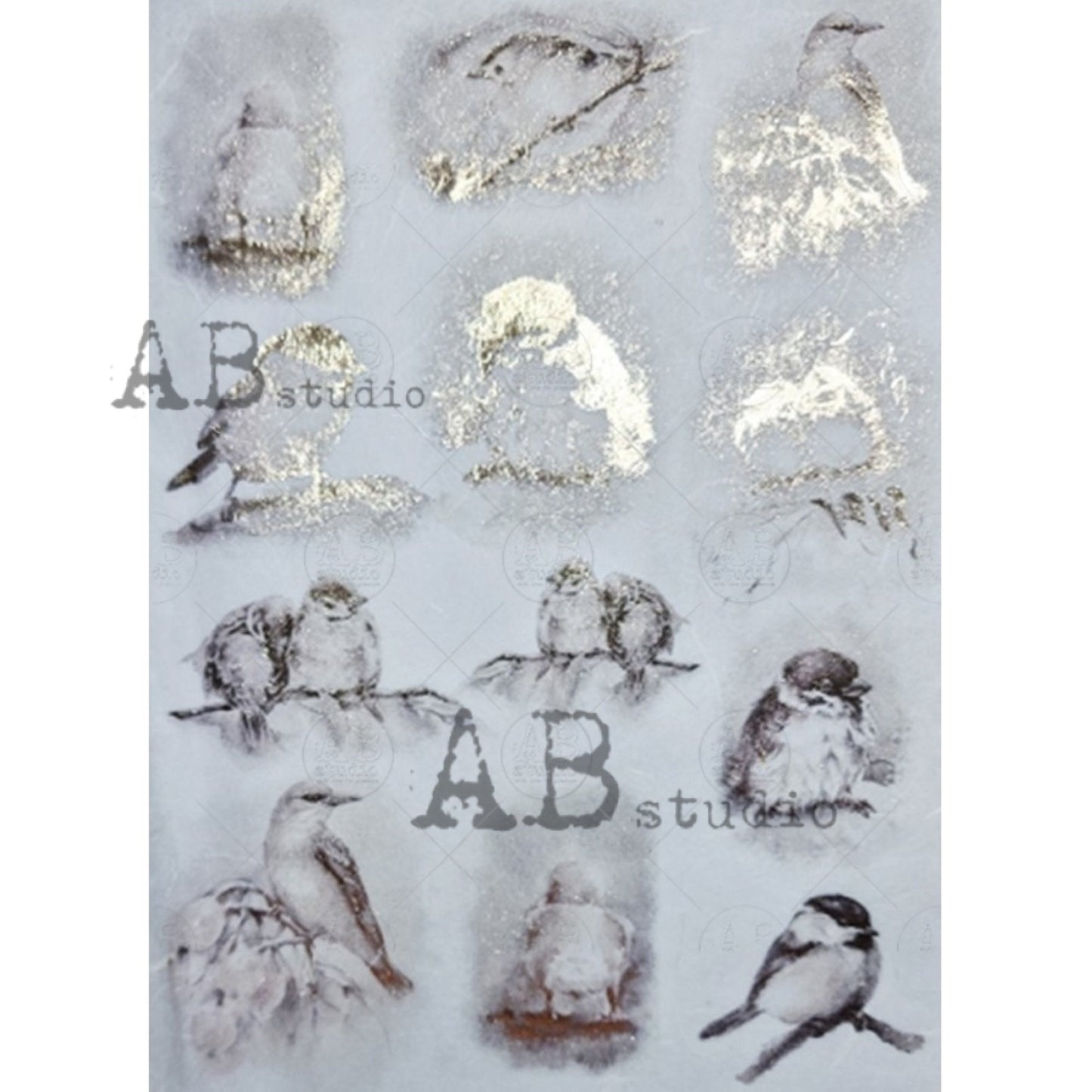 AB Studio Gold Color Gilded Rice Paper for Decoupage, Spring, Baby Birds, Love Birds, Rounds, A4 1573, 8.27 X 11.69" Imported Poland