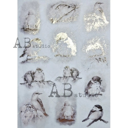 AB Studio Gold Color Gilded Rice Paper for Decoupage, Spring, Baby Birds, Love Birds, Rounds, A4 1573, 8.27 X 11.69" Imported Poland AB Studio