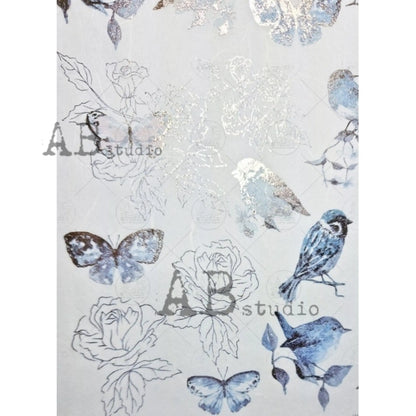 AB Studio Gold Color Gilded Rice Paper for Decoupage, Spring, Blue birds, Roses, Butterflies, A4 1570, 8.27 X 11.69" Imported Poland AB Studio