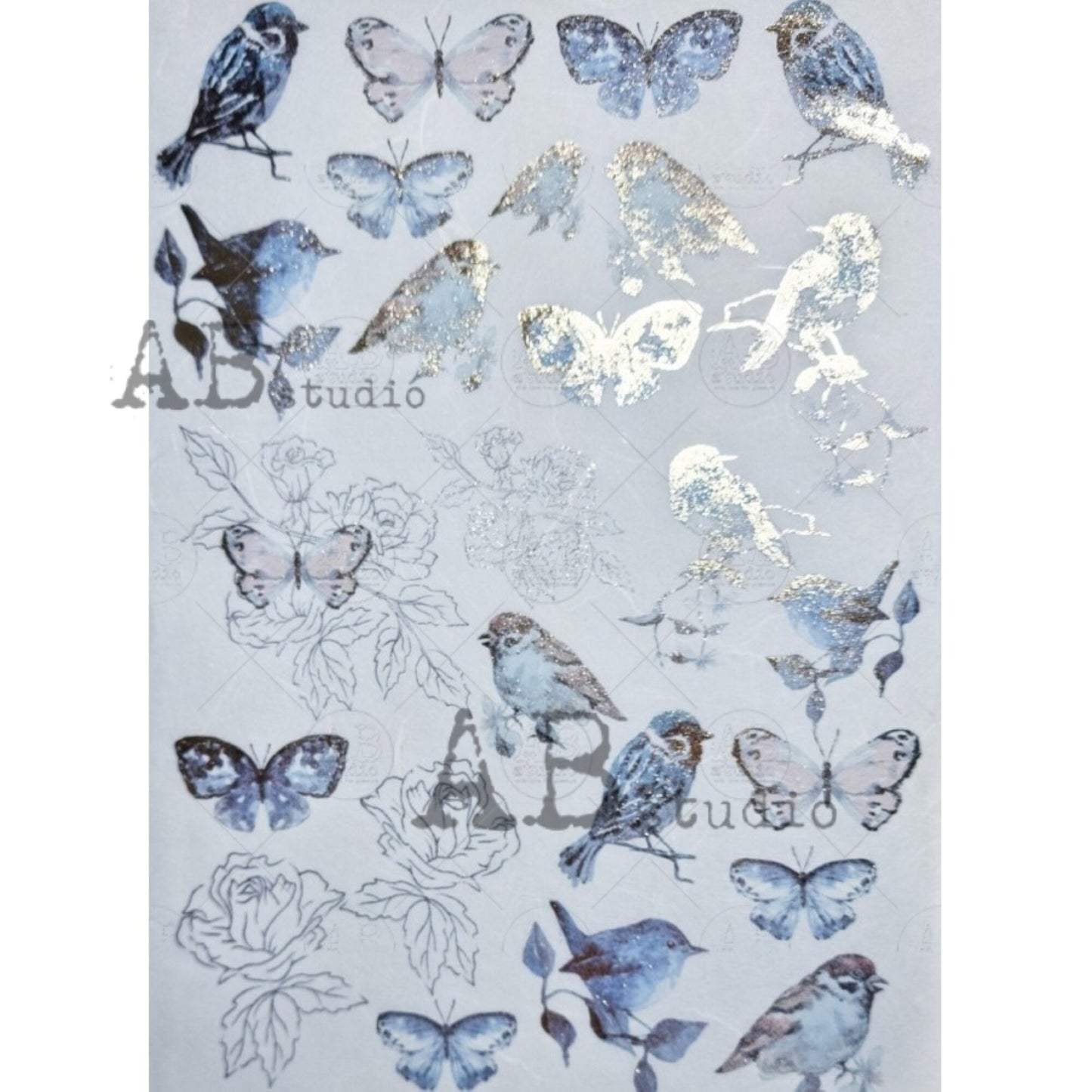 AB Studio Gold Color Gilded Rice Paper for Decoupage, Spring, Blue birds, Roses, Butterflies, A4 1570, 8.27 X 11.69" Imported Poland