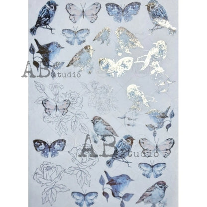 AB Studio Gold Color Gilded Rice Paper for Decoupage, Spring, Blue birds, Roses, Butterflies, A4 1570, 8.27 X 11.69" Imported Poland AB Studio