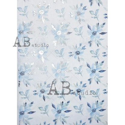 AB Studio Shabby Chic Blue Flowers, Leaves, Silver, Gilded Rice Paper for Decoupage, Background, 1558, A4  8.27 X 11.69 Imported Poland AB Studio