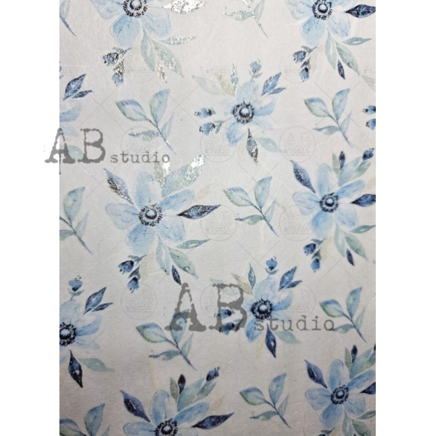 AB Studio Shabby Chic Blue Flowers, Leaves, Silver, Gilded Rice Paper for Decoupage, Background, 1558, A4  8.27 X 11.69 Imported Poland