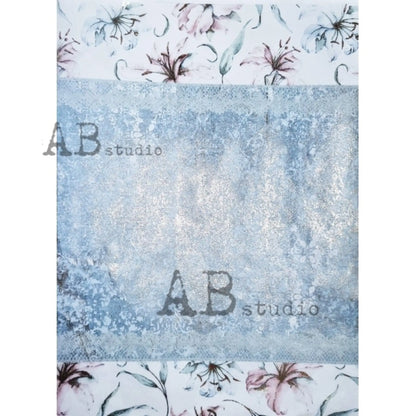 AB Studio Shabby Chic Blue Flowers, Leaves, Silver Gold, Gilded Rice Paper for Decoupage, Background, 1558, A4  8.27 X 11.69 Imported Poland AB Studio