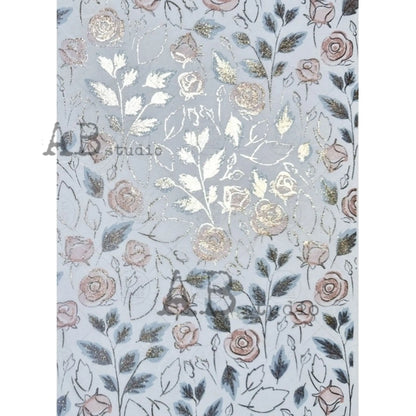 AB Studio Shabby Chic Pink Roses, Leaves, Gold, Gilded Rice Paper for Decoupage, Background, 1547, A4  8.27 X 11.69 Imported Poland AB Studio