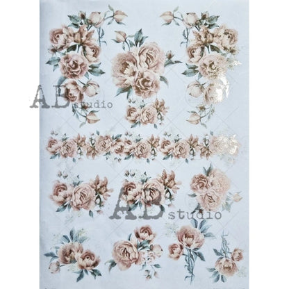 AB Studio Shabby Chic Pink Roses, Garland, Bouquets, Gold Gilded Rice Paper for Decoupage, 1520, A4 8.27 X 11.69 Imported Poland AB Studio