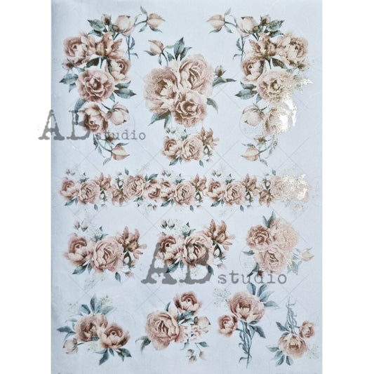 AB Studio Shabby Chic Pink Roses, Garland, Bouquets, Gold Gilded Rice Paper for Decoupage, 1520, A4 8.27 X 11.69 Imported Poland