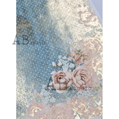 AB Studio Shabby Chic Pink Roses, Blue Bakground, Gold, Gilded Rice Paper for Decoupage, Background, 1514, A4  8.27 X 11.69 Imported Poland AB Studio
