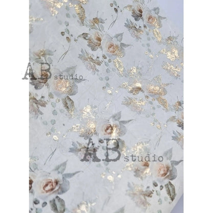 AB Studio Shabby Chic Pink Roses, Gold Gilded Rice Paper for Decoupage, Background, Wallpaper, 1510, A4  8.27 X 11.69 Imported Poland AB Studio