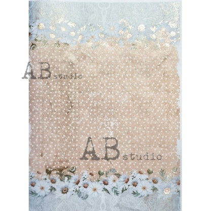 AB Studio Shabby Chic White Daisies, Peach Background, Gold Gilded Rice Paper for Decoupage, Wallpaper 1509, A4 8.27 X 11.69 Imported Poland AB Studio