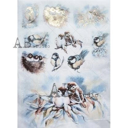 AB Studio Gold Color Gilded Rice Paper for Decoupage, Spring, Baby Birds, Love Birds, Nest, A4 1502, 8.27 X 11.69" Imported Poland AB Studio