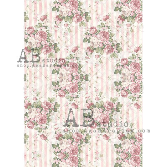 AB Studio Shabby Chic Vintage Rose Bouquets, Pink Stripes, 0342 Size: A4 - 8.27 X 11.69 inches Rice Paper for Decoupage Imported from Poland