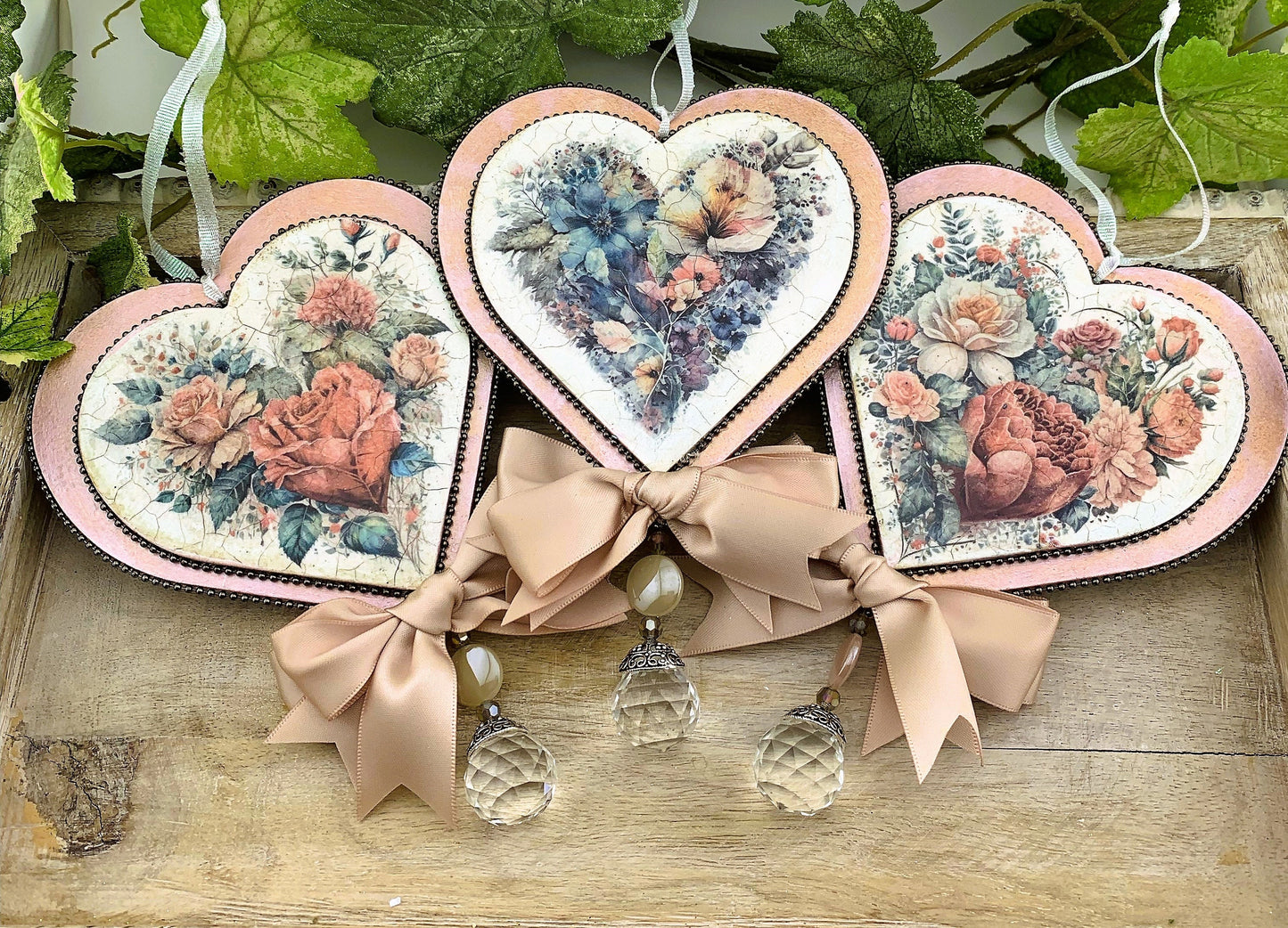 Handcrafted Shabby Chic Valentine Roses Heart Ornament Set of 3, Decoupage MDF Love Heart Ornaments Set, Gift Heart Decoupage Ornament Set 3
