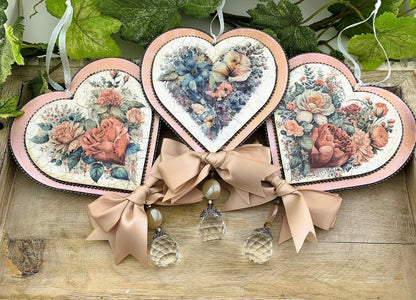 Handcrafted Shabby Chic Valentine Roses Heart Ornament, Decoupage MDF Love Heart Ornaments Set, Gift Heart Decoupage Handmade by Pamela