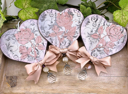 Handcrafted Shabby Chic Valentine Roses Heart Ornament, Decoupage MDF Love Heart Ornaments Set, Gift Heart Decoupage Handmade by Pamela