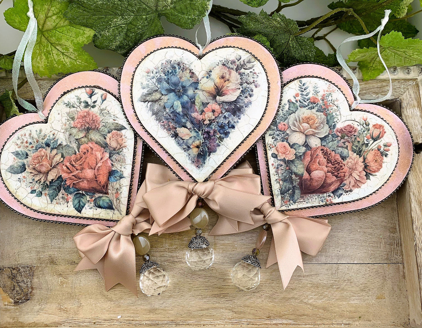 Handcrafted Shabby Chic Valentine Roses Heart Ornament Set of 3, Decoupage MDF Love Heart Ornaments Set, Gift Heart Decoupage Ornament Set 3