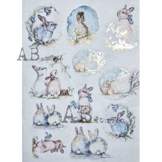 AB Studio Color Gilded Rice Paper, Easter Bunnies, Rounds, A4 1582, 8.27 X 11.69 inches Rice Paper for Decoupage Imported Poland