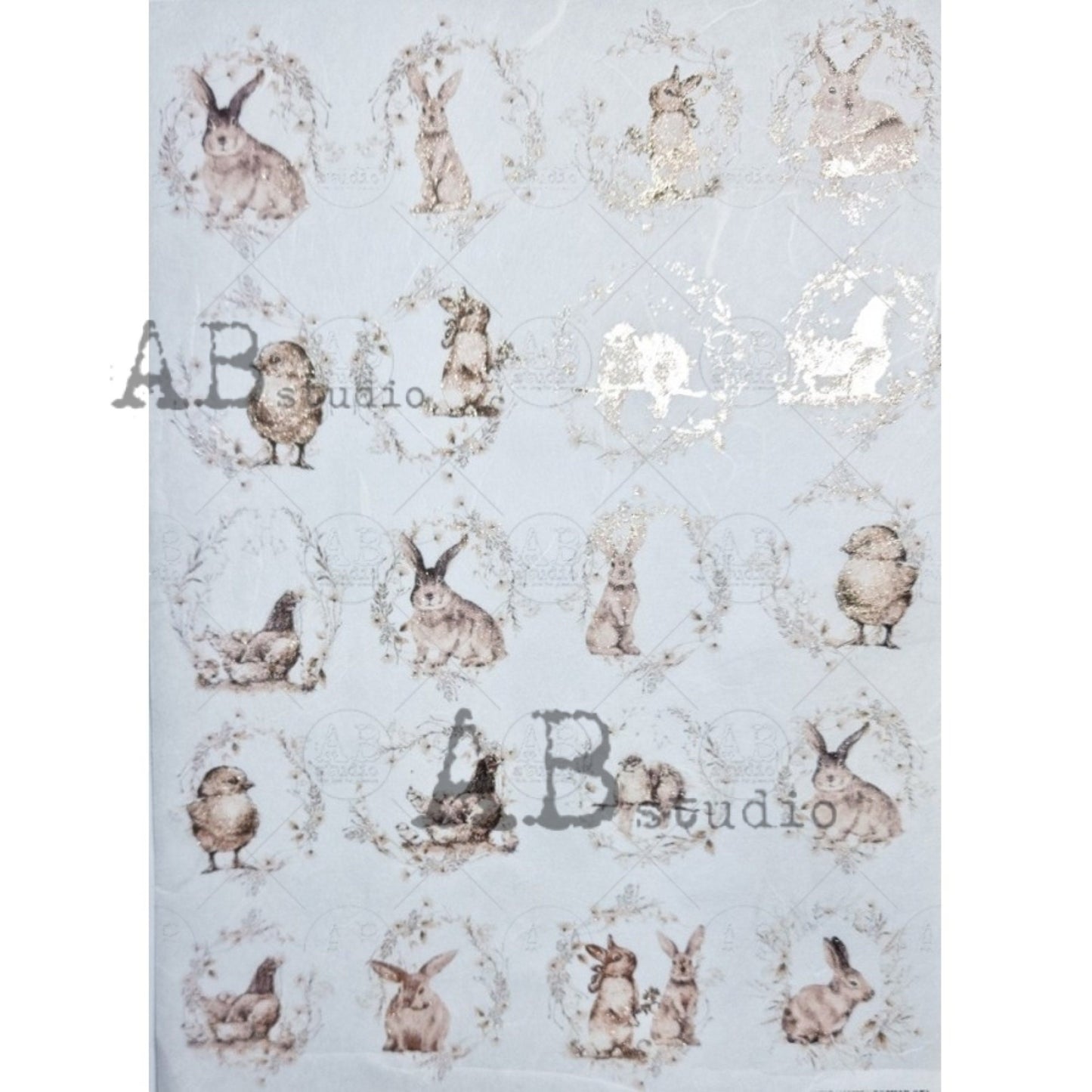 AB Studio Color Gilded Rice Paper, Easter Bunnies, Chics, Rounds, A4 1581, 8.27 X 11.69 inches Rice Paper for Decoupage Imported Poland