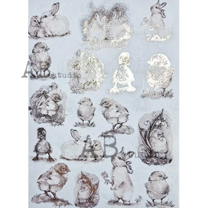 AB Studio Gold Color Gilded Rice Paper for Decoupage, Easter Bunnies, Chics, Ducks, Rounds, A4 1581, 8.27 X 11.69" Imported Poland AB Studio