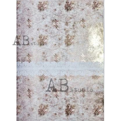AB Studio Shabby Chic Pink Flowers, Lace, Gold Gilded Rice Paper for Decoupage, Background, 1541, A4  8.27 X 11.69 Imported Poland AB Studio