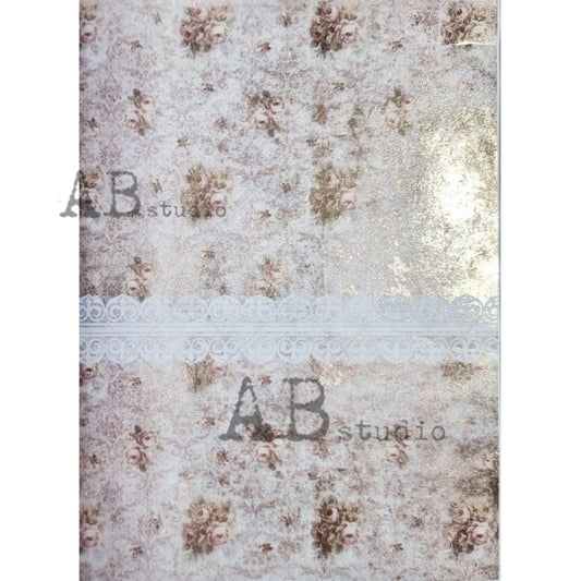 AB Studio Shabby Chic Pink Flowers, Lace, Gold Gilded Rice Paper for Decoupage, Background, 1541, A4  8.27 X 11.69 Imported Poland