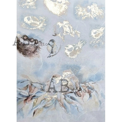 AB Studio Gold Color Gilded Rice Paper for Decoupage, Spring, Baby Birds, Love Birds, Nest, A4 1502, 8.27 X 11.69" Imported Poland AB Studio