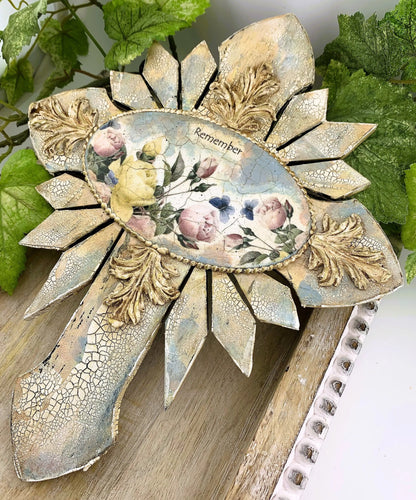 Handcrafted Mixed Media Shabby Chic Cross, Remember, Vintage Style, Decoupage, Antique Style Cross Panel, Laser Cut MDF, Plaque Handmade by Pamela