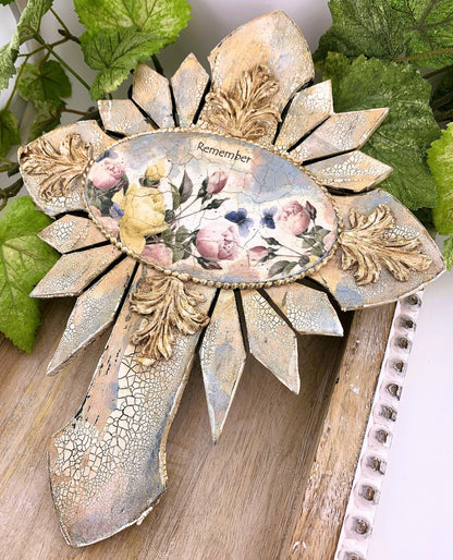 Handcrafted Mixed Media Shabby Chic Cross, Remember, Vintage Style, Decoupage, Antique Style Cross Panel, Laser Cut MDF, Plaque Handmade by Pamela