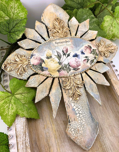 Handcrafted Mixed Media Shabby Chic Cross, Remember, Vintage Style, Decoupage, Antique Style Cross Panel, Laser Cut MDF, Plaque Handmade by Pamela