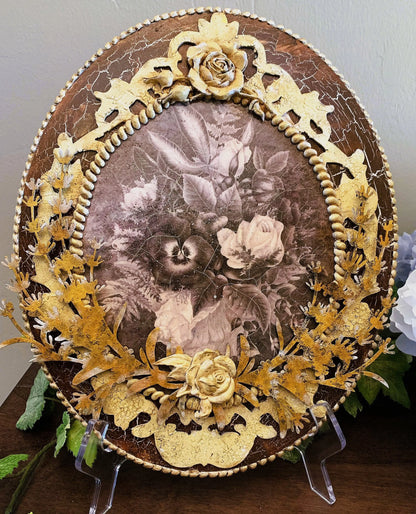 Handcrafted, Mixed Media, Shabby Chic, Decoupage, Patina, Roses, Panel, Plaque, Vintage Style, Decoupage, Antique Style Panel, Laser Cut MDF Handmade by Pamela
