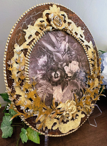 Handcrafted, Mixed Media, Shabby Chic, Decoupage, Patina, Roses, Panel, Plaque, Vintage Style, Decoupage, Antique Style Panel, Laser Cut MDF Handmade by Pamela