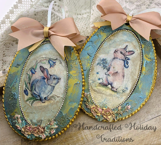 Handcrafted Shabby Chic Mixed Media Easter Bunny MDF Ornament Set 2, Vintage Style Easter Rabbits, Ornament Set, Easter Rabbit Ornament set