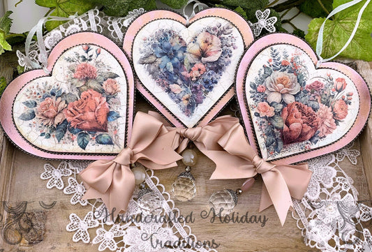Handcrafted Shabby Chic Valentine Roses Heart Ornament, Decoupage MDF Love Heart Ornaments Set, Gift Heart Decoupage