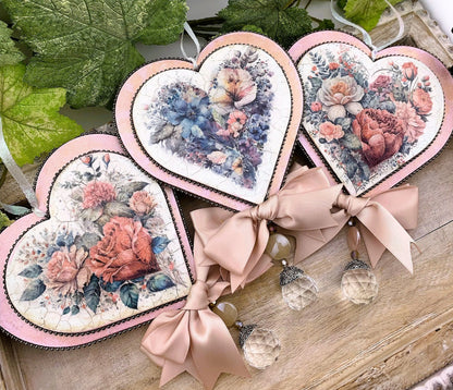 Handcrafted Shabby Chic Valentine Roses Heart Ornament, Decoupage MDF Love Heart Ornaments Set, Gift Heart Decoupage Handmade by Pamela