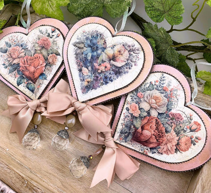 Handcrafted Shabby Chic Valentine Roses Heart Ornament, Decoupage MDF Love Heart Ornaments Set, Gift Heart Decoupage Handmade by Pamela