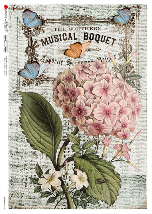 Paper Designs Flowers, Hydrangea, Butterflies, Shabby Chic, Rice Paper for Decoupage, Mixed Media, 0358 A4 Size: A4 - 8.3" X 11.7"