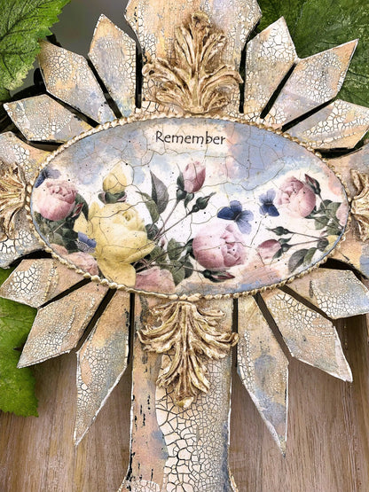 Handcrafted Mixed Media Shabby Chic Cross, Remember, Vintage Style, Decoupage, Antique Style Cross Panel, Laser Cut MDF, Plaque Handmade by Pamela
