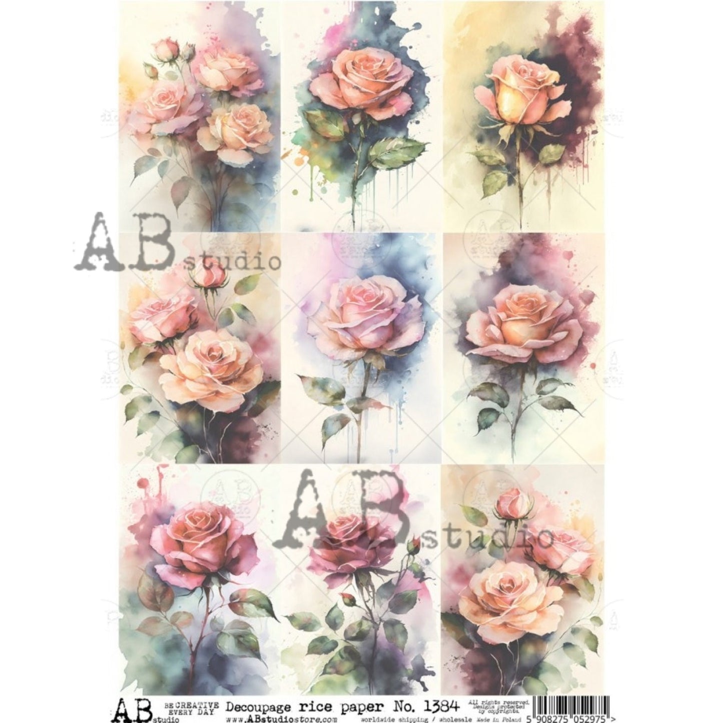 AB Studio Vintage Roses Bouquets Squares #1384 Size: A4 - 8.27 X 11.69 inches Rice Paper for Decoupage Imported from Poland