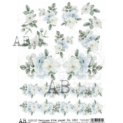 AB Studio Shabby Chic, Blue, White Flowers, Bouquets, 1359 Size: A4 - 8.27 X 11.69 inches Rice Paper for Decoupage Imported from Poland AB Studio